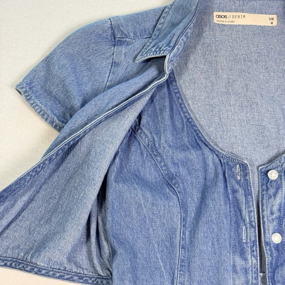 ASOS Denim Tie-Front Mini Dress 100% Cotton US size 0 Cottagecore Western Summer - Picture 10 of 16
